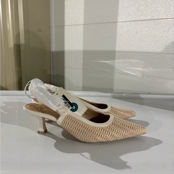 Shoes - Woven Pointed-Toe Slingback Heels in Beige